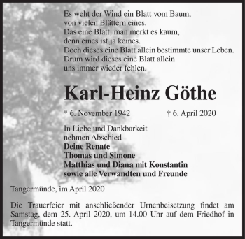 Traueranzeige von Karl-Heinz Göthe  von Magdeburger Volksstimme