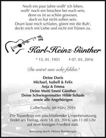 Traueranzeige von Karl-Heinz Günther  von Magdeburger Volksstimme