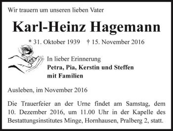 Traueranzeige von Karl-Heinz Hagemann  von Magdeburger Volksstimme