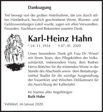 Traueranzeige von Karl-Heinz Hahn  von Magdeburger Volksstimme