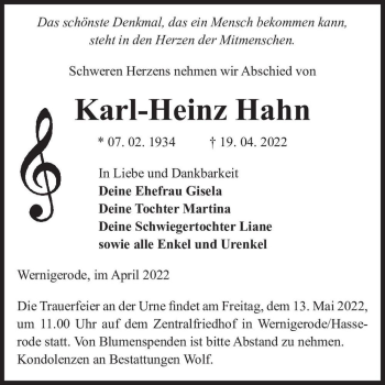 Traueranzeige von Karl-Heinz Hahn  von Magdeburger Volksstimme