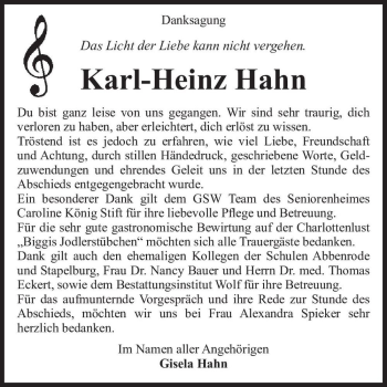 Traueranzeige von Karl-Heinz Hahn  von Magdeburger Volksstimme
