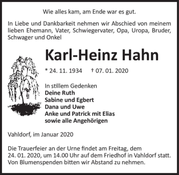Traueranzeige von Karl-Heinz Hahn  von Magdeburger Volksstimme