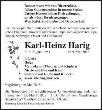Traueranzeige von Karl-Heinz Harig  von Magdeburger Volksstimme