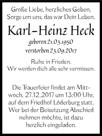 Traueranzeige von Karl-Heinz Heck  von Magdeburger Volksstimme