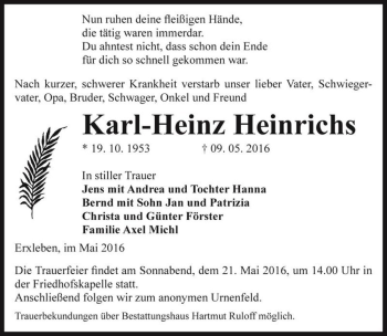 Traueranzeige von Karl-Heinz Heinrichs  von Magdeburger Volksstimme
