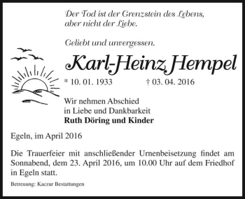Traueranzeige von Karl-Heinz Hempel  von Magdeburger Volksstimme
