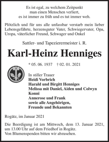 Traueranzeige von Karl-Heinz Henniges  von Magdeburger Volksstimme