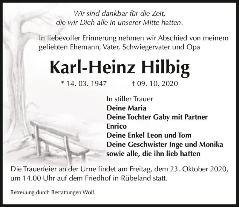  Traueranzeige für Karl-Heinz Hilbig  vom 17.10.2020 aus Magdeburger Volksstimme