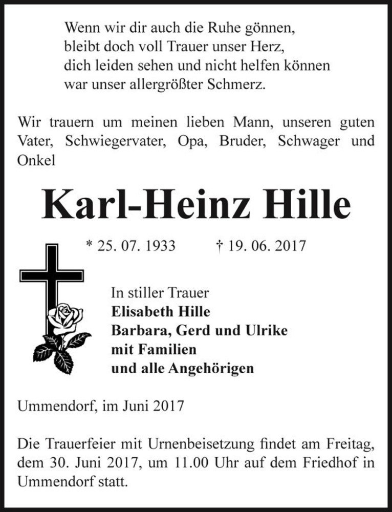  Traueranzeige für Karl-Heinz Hille  vom 22.06.2017 aus Magdeburger Volksstimme