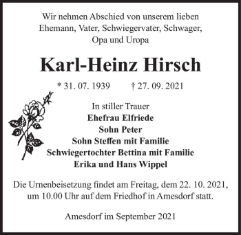 Traueranzeige von Karl-Heinz Hirsch  von Magdeburger Volksstimme