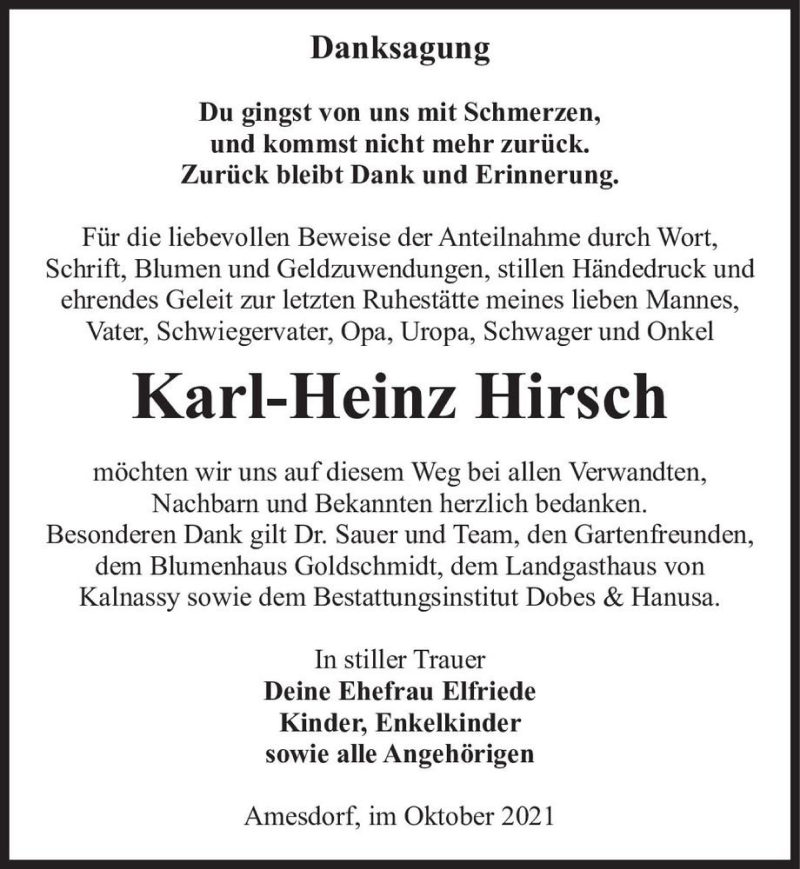  Traueranzeige für Karl-Heinz Hirsch  vom 06.11.2021 aus Magdeburger Volksstimme
