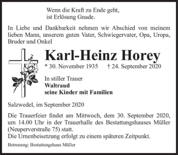 Traueranzeige von Karl-Heinz Horey  von Magdeburger Volksstimme