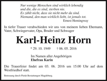 Traueranzeige von Karl-Heinz Horn  von Magdeburger Volksstimme