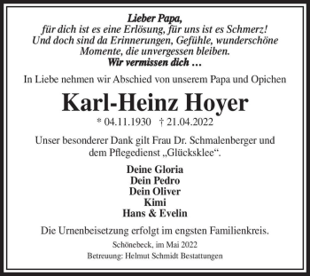 Traueranzeige von Karl-Heinz Hoyer  von Magdeburger Volksstimme
