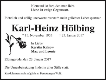 Traueranzeige von Karl-Heinz Hölbing  von Magdeburger Volksstimme