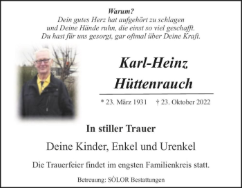 Traueranzeige von Karl-Heinz Hüttenrauch  von Magdeburger Volksstimme