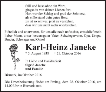 Traueranzeige von Karl-Heinz Janeke  von Magdeburger Volksstimme