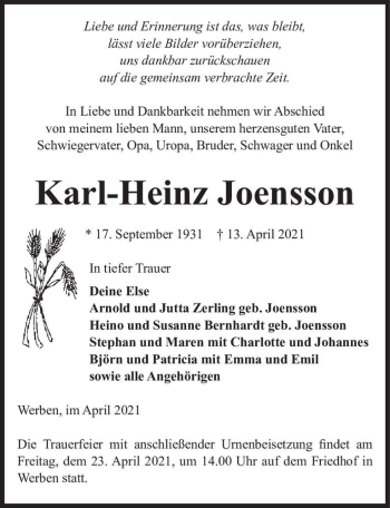 Traueranzeige von Karl-Heinz Joensson  von Magdeburger Volksstimme