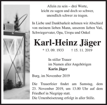 Traueranzeige von Karl-Heinz Jäger  von Magdeburger Volksstimme