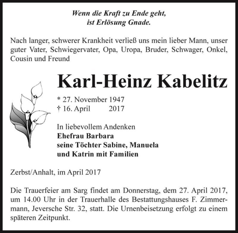  Traueranzeige für Karl-Heinz Kabelitz  vom 22.04.2017 aus Magdeburger Volksstimme