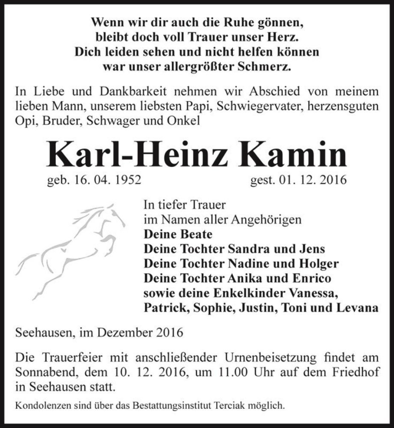  Traueranzeige für Karl-Heinz Kamin  vom 06.12.2016 aus Magdeburger Volksstimme