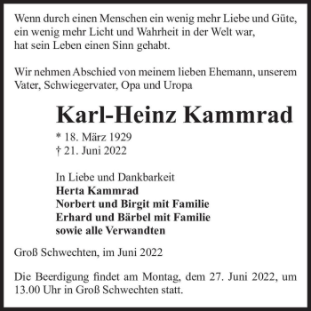 Traueranzeige von Karl-Heinz Kammrad  von Magdeburger Volksstimme