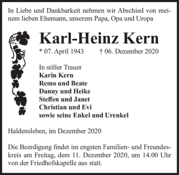 Traueranzeige von Karl-Heinz Kern  von Magdeburger Volksstimme