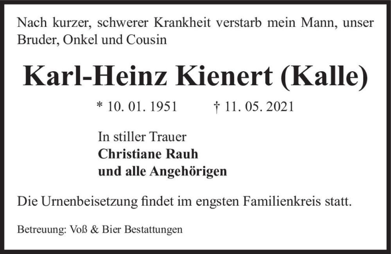  Traueranzeige für Karl-Heinz Kienert 