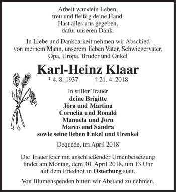 Traueranzeige von Karl-Heinz Klaar  von Magdeburger Volksstimme