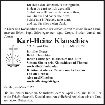 Traueranzeige von Karl-Heinz Klauschies  von Magdeburger Volksstimme