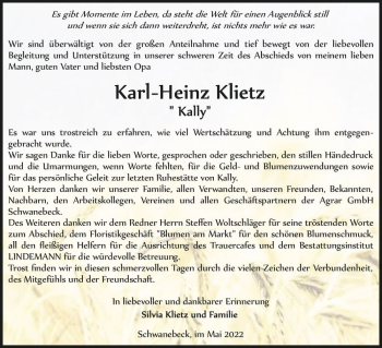 Traueranzeige von Karl-Heinz Klietz 