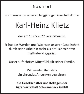 Traueranzeige von Karl - Heinz Klietz  von Magdeburger Volksstimme