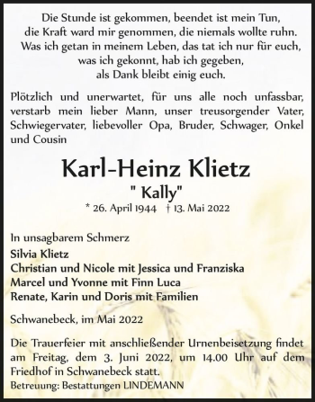 Traueranzeige von Karl-Heinz Klietz “ Kally“  von Magdeburger Volksstimme