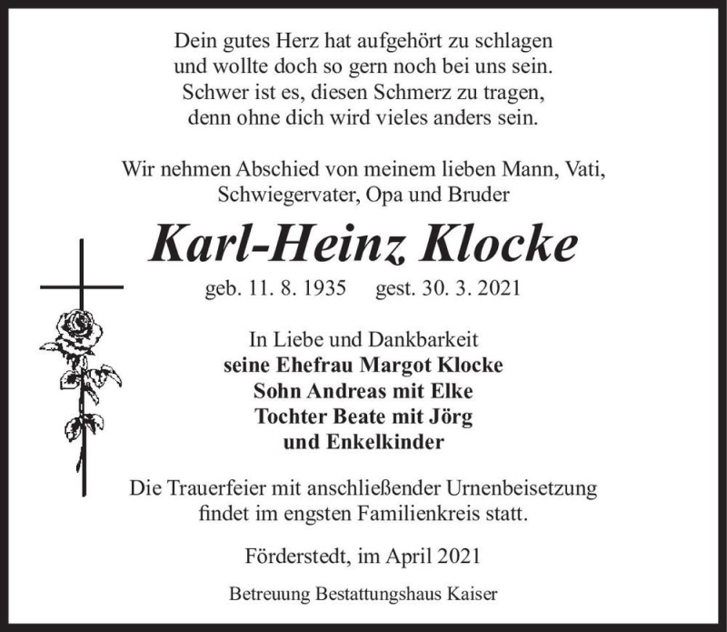  Traueranzeige für Karl-Heinz Klocke  vom 10.04.2021 aus Magdeburger Volksstimme