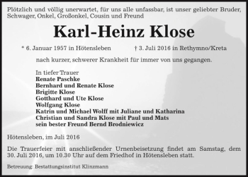 Traueranzeige von Karl-Heinz Klose  von Magdeburger Volksstimme