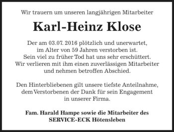 Traueranzeige von Karl-Heinz Klose  von Magdeburger Volksstimme