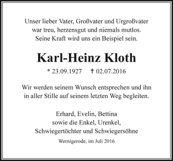 Traueranzeige von Karl-Heinz Kloth  von Magdeburger Volksstimme