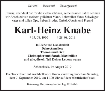 Traueranzeige von Karl-Heinz Knabe  von Magdeburger Volksstimme