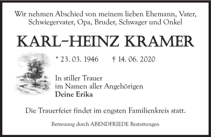  Traueranzeige für Karl-Heinz Kramer  vom 04.07.2020 aus Magdeburger Volksstimme
