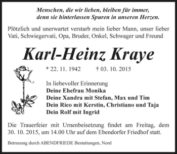 Traueranzeige von Karl-Heinz Kraye  von Magdeburger Volksstimme