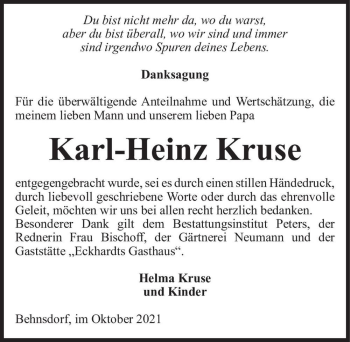 Traueranzeige von Karl-Heinz Kruse  von Magdeburger Volksstimme