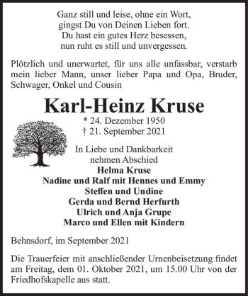 Traueranzeige von Karl-Heinz Kruse  von Magdeburger Volksstimme
