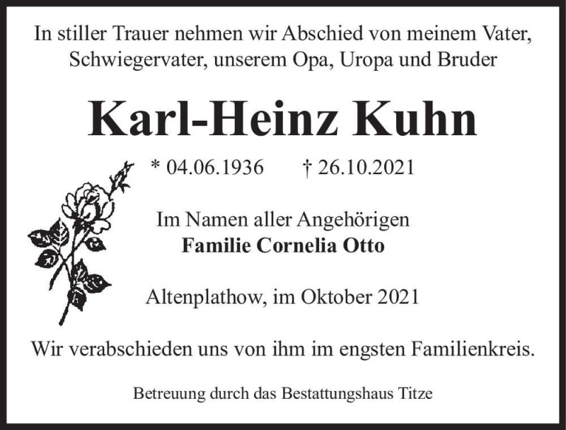  Traueranzeige für Karl-Heinz Kuhn  vom 30.10.2021 aus Magdeburger Volksstimme