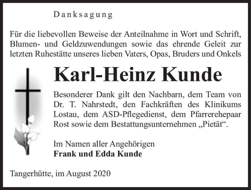  Traueranzeige für Karl-Heinz Kunde  vom 08.08.2020 aus Magdeburger Volksstimme