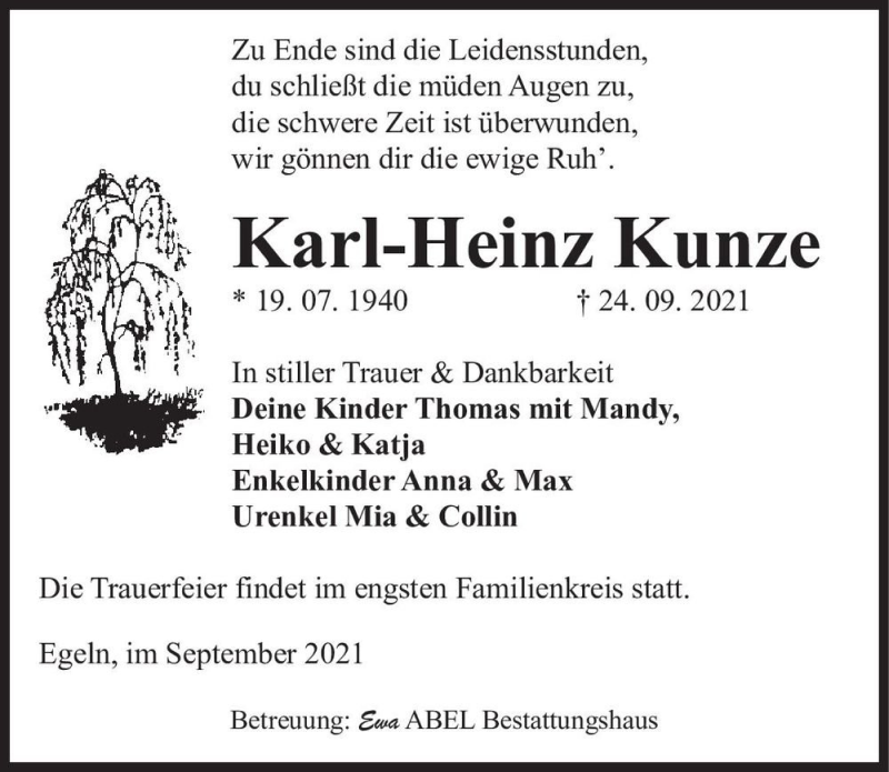  Traueranzeige für Karl-Heinz Kunze  vom 16.10.2021 aus Magdeburger Volksstimme