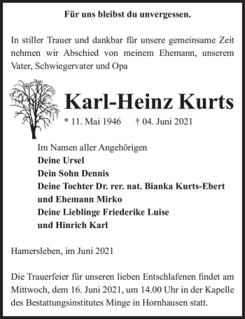 Traueranzeige von Karl-Heinz Kurts  von Magdeburger Volksstimme
