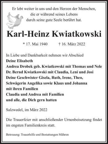 Traueranzeige von Karl-Heinz Kwiatkowski  von Magdeburger Volksstimme