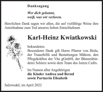 Traueranzeige von Karl-Heinz Kwiatkowski  von Magdeburger Volksstimme