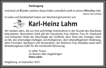 Traueranzeige von Karl-Heinz Lahm  von Magdeburger Volksstimme